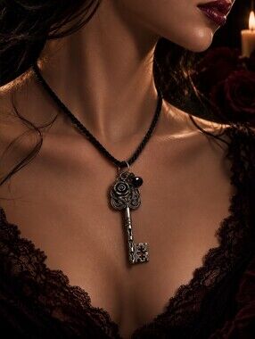 Artisan Vintage Key Pendant Necklace in Black - Elegant Women's Jewelry